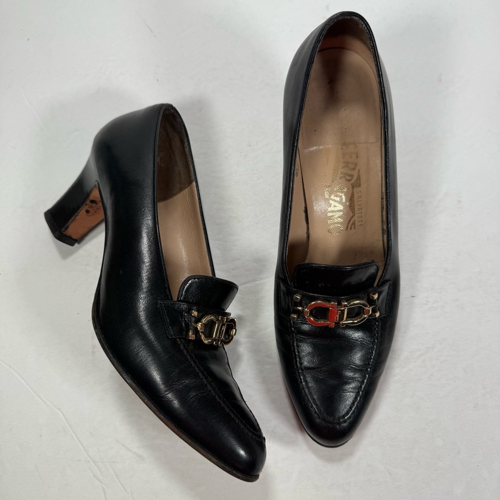 Salvatore Ferragamo Black Leather Heels with Gold Buckle